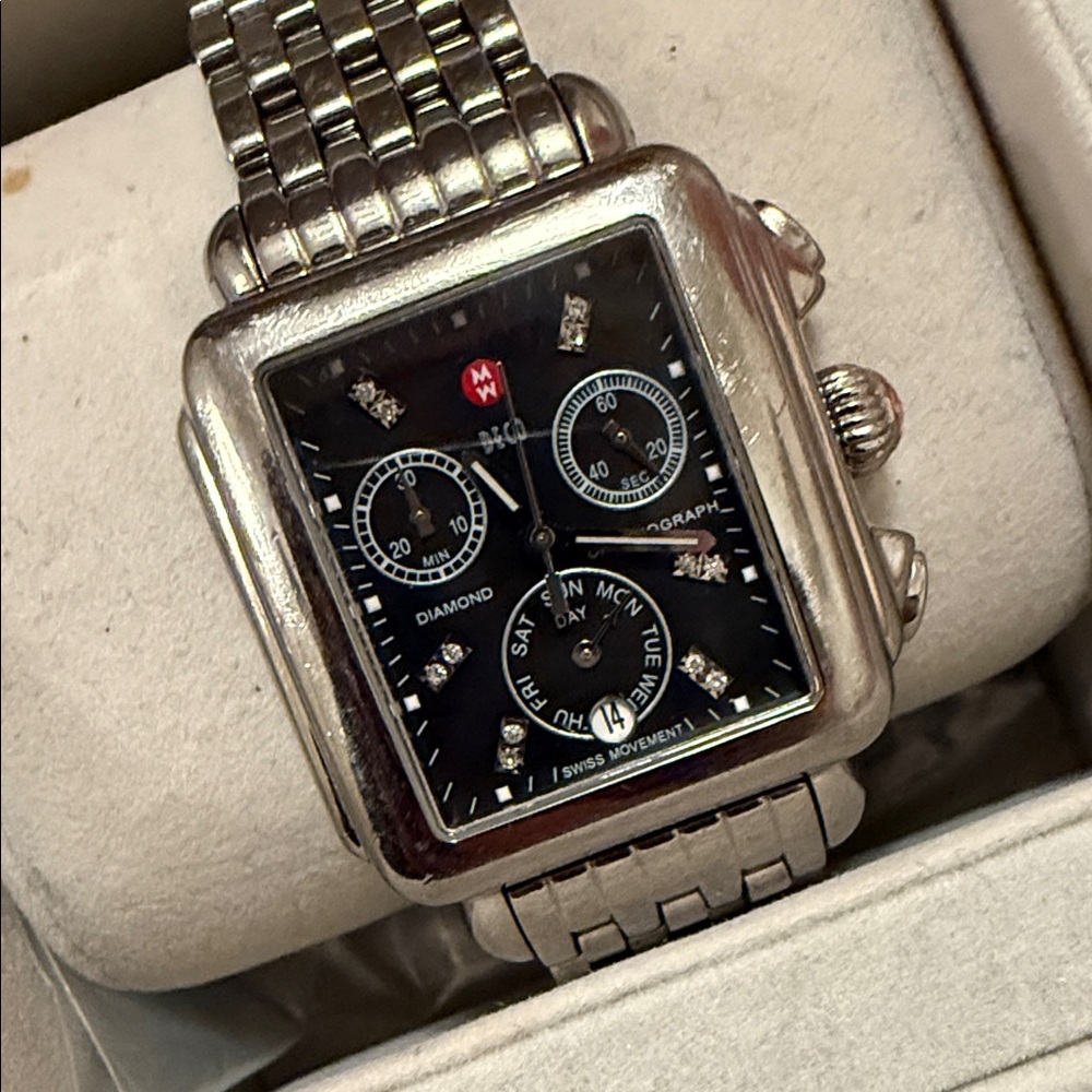 Michele Silver Watch with Black Dial